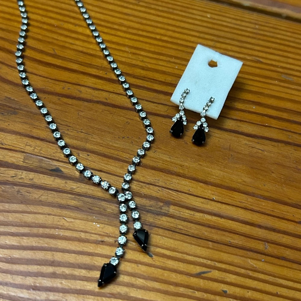 Vintage Silver Tone Black Teardrop Rhinestone Necklace and Earring Set
